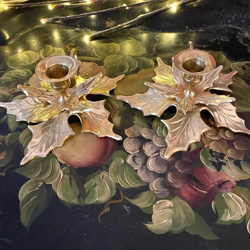 Vintage Brass Christmas Poinsettia Candle Holders 2 Set MCM Cottagecore Floral